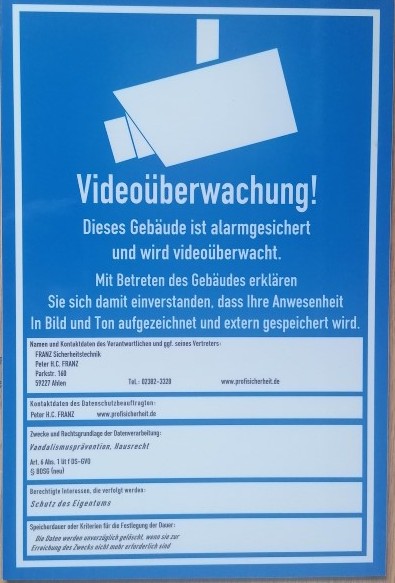 Hinweisschild nach DSGVO Hinweisschild nach DSGVO